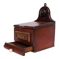 19th century salt box, wall mounted, lift open top, above a single drawer, with ceramic handle, painted plaque to the front, H31cm, D24cm  