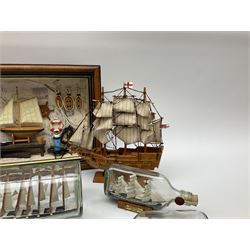 Seven ships in bottles, to include Wavertree sailing ship, a three masted ship and a tugboat, together with small scale model ship with a plaque 'H.M.S Agamemnon', another model ship with plaque 'Hannah', and a diorama of a ship workshop