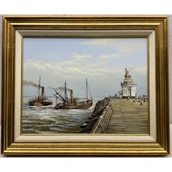 Keith W Hastings (British late 20th century): Steamers off Yarmouth Pier, oil on board signed 26cm x 34cm