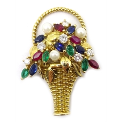  Gold diamond, emerald, ruby, sapphire and pearl flower basket brooch, hallmarked 18ct, diamonds 0.6 carat  