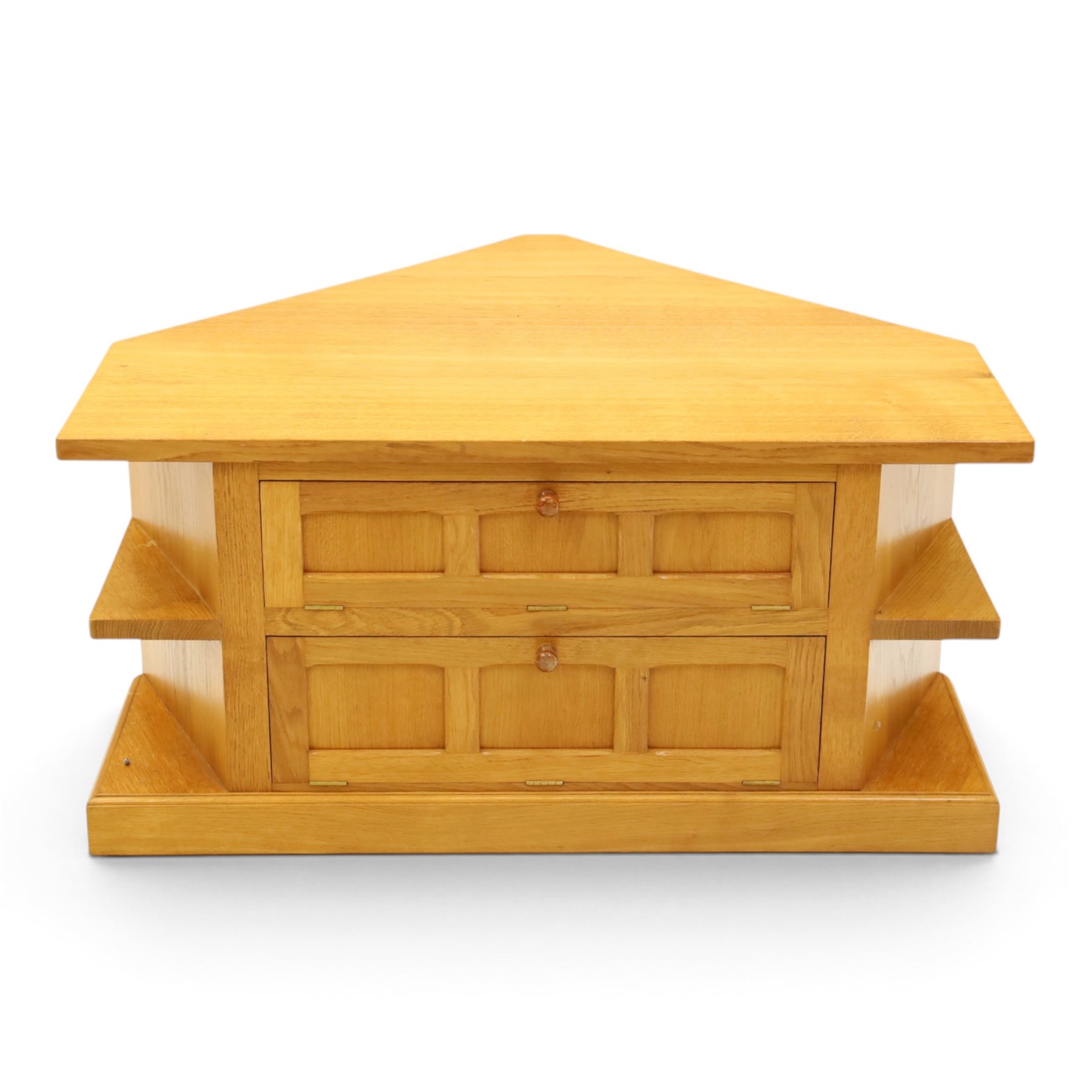 Seahorseman - craftsman made Yorkshire oak corner media unit, fitted with two panelled fall-front compartments flanked by open corner shelves, carved with seahorse signature, by Shaw and Michael Riley, Hessay, York
