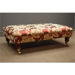  Rectangular footstool upholstered in red and gold floral fabric, 104cm x 62cm, H33cm  