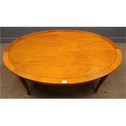  Late 20th century cherry wood coffee table with inlay, four square tapering legs, W79cm, H45cm, L121cm  