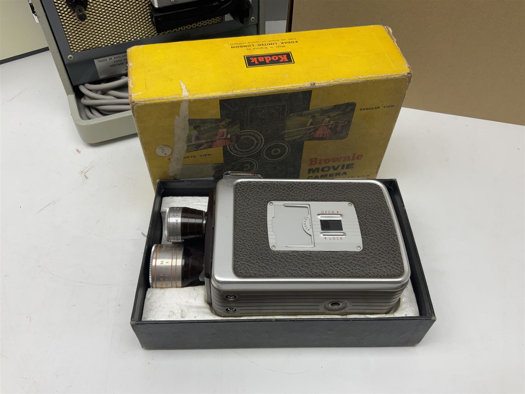 Bolex Paillard P3 Zoom Reflex camera body, serial no 38090, with 'B te S.G.D.G Som Berthiot Pan-Cinor 1:1.9 f=8a 40' lens, serial no. 40251438 in case, Kodak Brownie movie camera, Kodak model 2 Brownie movie camera and a Kodak 8 Movie Projector A-15G and other camera equipment 