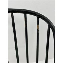 18th century West Country ash and elm Windsor armchair, high hoop and stick back, turned supports with H stretcher, green paint finish