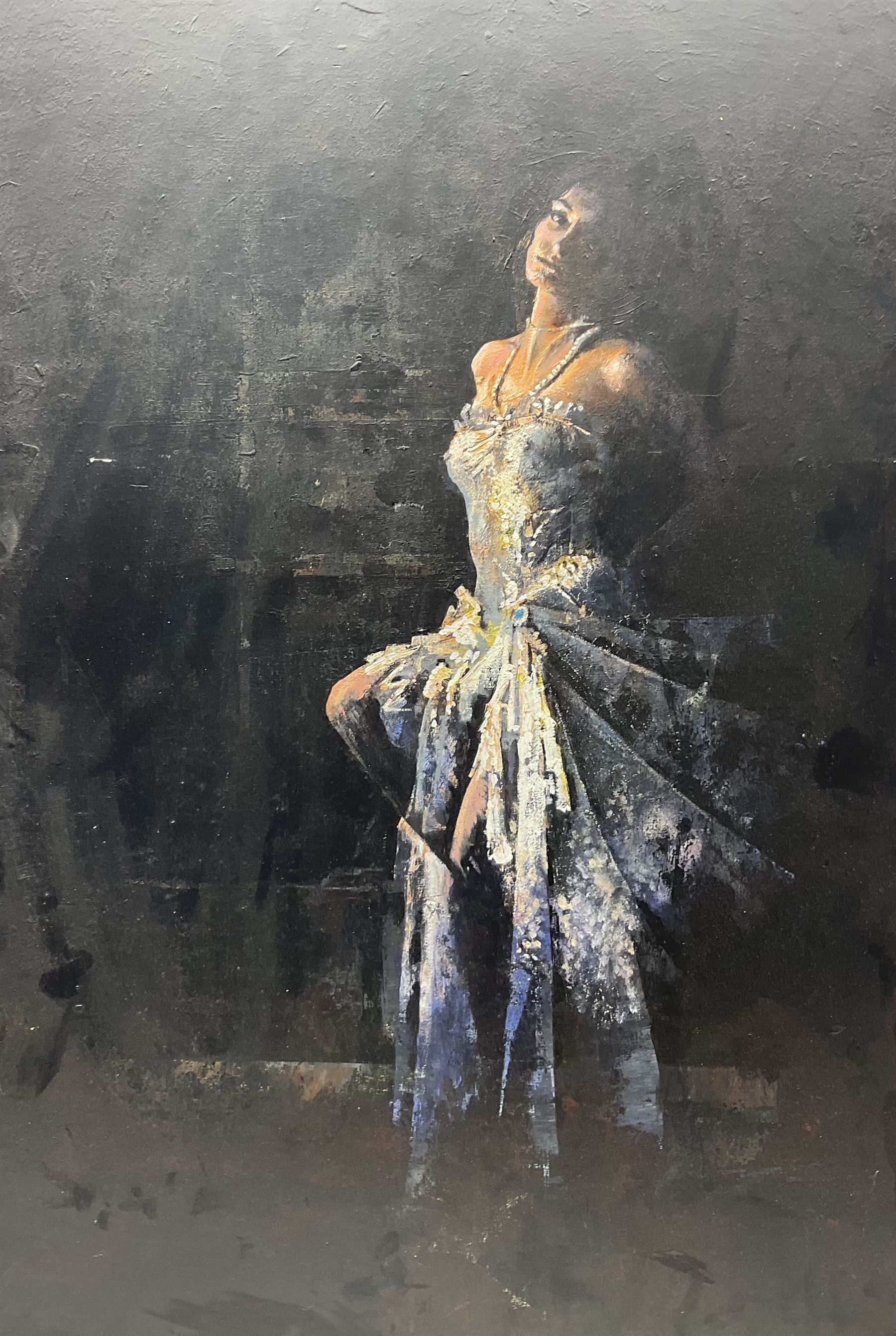 Brian Tozer (British 1944-): 'The White Dress', acrylic on board signed and titled on label verso 92cm x 61cm