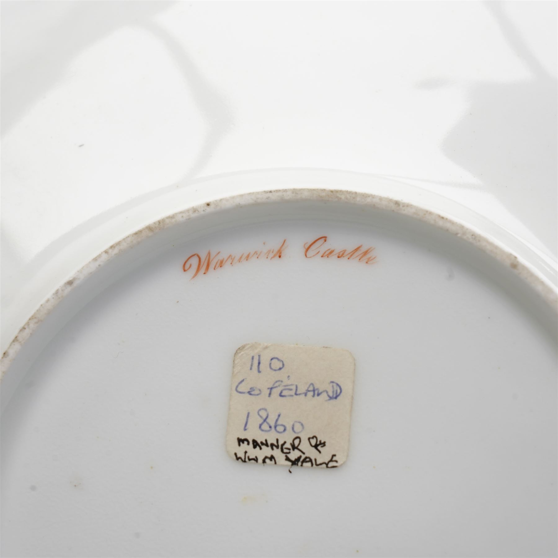 H&R Daniel Queen's shape porcelain plate, centrally painted with Blarney Castle, within a polychrome floral painted border, titled beneath, D25cm and another plate painted with a view of Warwick Castle (2)