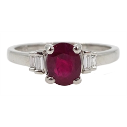 18ct white gold oval ruby and baguette diamond ring, hallmarked, ruby approx 1.00 carat
