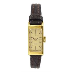 Omega ladies 18ct gold manual wind wristwatch, Cal. 730, stamped 18K, with Helvetia hallmark, on brown leather strap