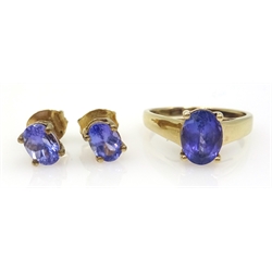  14ct gold oval tanzanite ring, hallmarked and pair of silver-gilt tanzanite stud ear-rings, stamped 925  