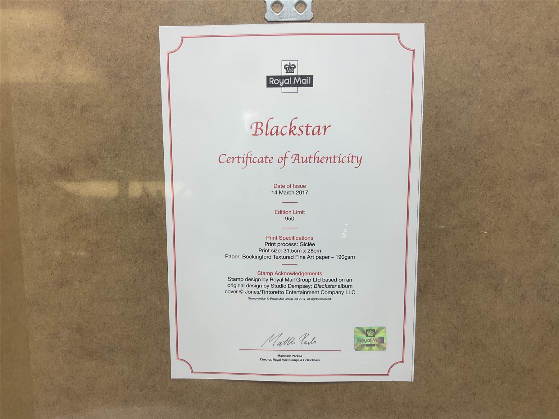 Set of three Royal Mail David Bowie limited edition album stamp prints, comprising Aladdin Sane, Blackstar and Earthling, all framed and in original packaging, H43cm W43cm