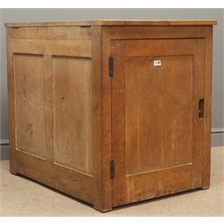  Early 20th century oak architects plan cabinet, hinged top, panelled doors enclosing fitted interior, stile supports, W90cm, H79cm, D64cm  
