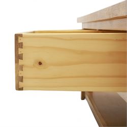 Bevan Funnell - Reprodux Arts & Crafts design limed oak coffee table, rectangular top with inset border over twin drawers fitted with pyramid-shaped metal handles, on square supports with lower plinth base