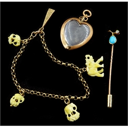  9ct gold bracelet with bone elephant charms, diamond and truquoise pin and sweet heart pendant  