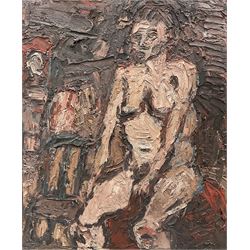 Barry De More (Northern British 1948-2023): 'First Time Sitting', oil impasto on cardboard, signed titled and dated 2017 verso 42cm x 34cm
Notes: Acclaimed as one of the North's greatest expressionist artists, Barry De More (1948-2023) used a heavy impasto style to transfer his love of Yorkshire landscapes, townscapes and people to canvas. His work sits comfortably in the company of work by Kossoff and Auerbach, selling to collectors in the UK and overseas. De More's work can be found in the permanent collection of work by Northern Artists at Dean Clough, one of the UK's largest contemporary art galleries.