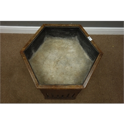  Arts & Crafts mahogany and satinwood inlaid hexagonal planter, with metal liner, D65cm, H54cm  