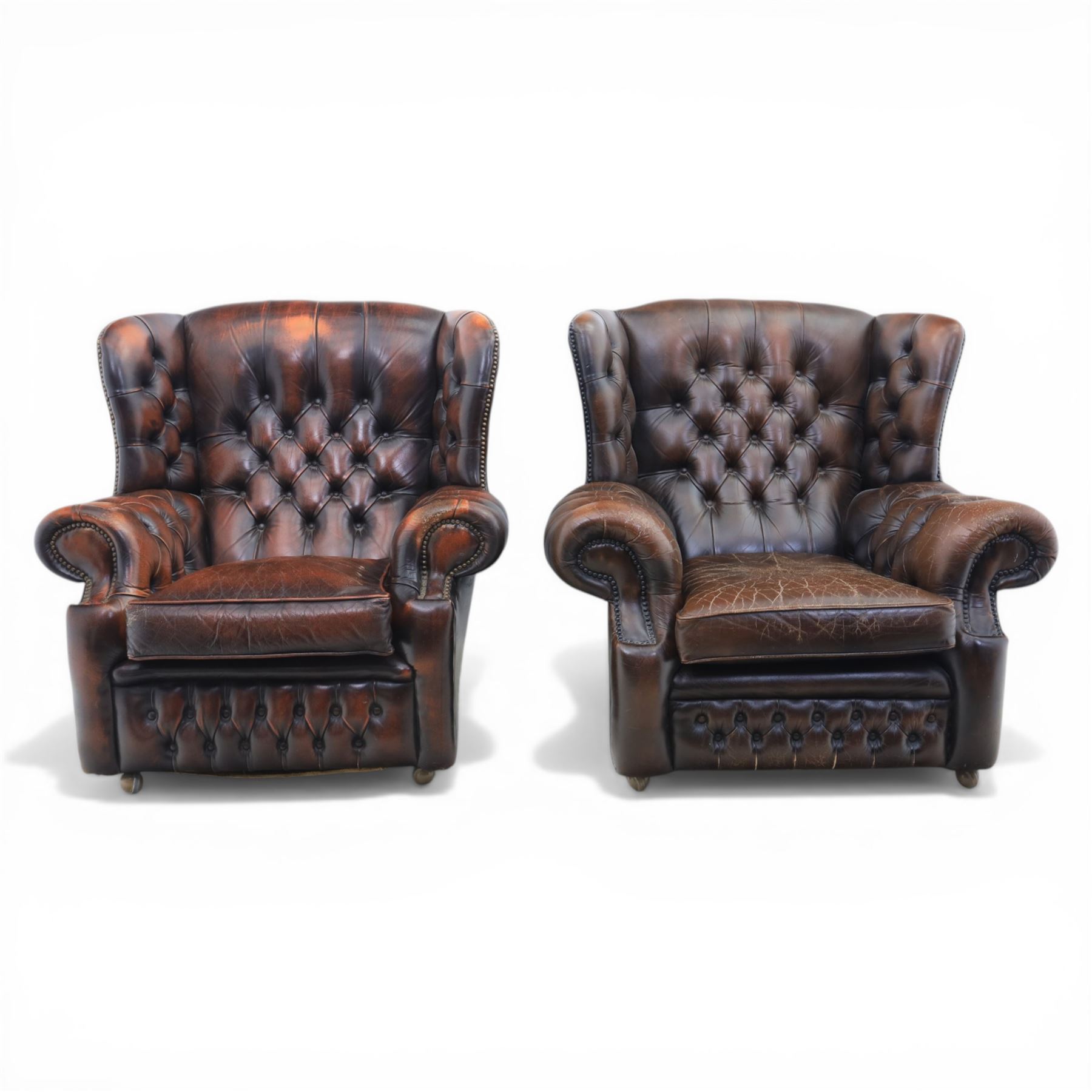 Georgian design Chesterfield lounge suite, comprising highbacked four seat sofa and pair armchairs, upholstered in chocolate brown leather, Armchairs (H 90cm, W 91cm) Sofa (H 91cm, W 238cm)