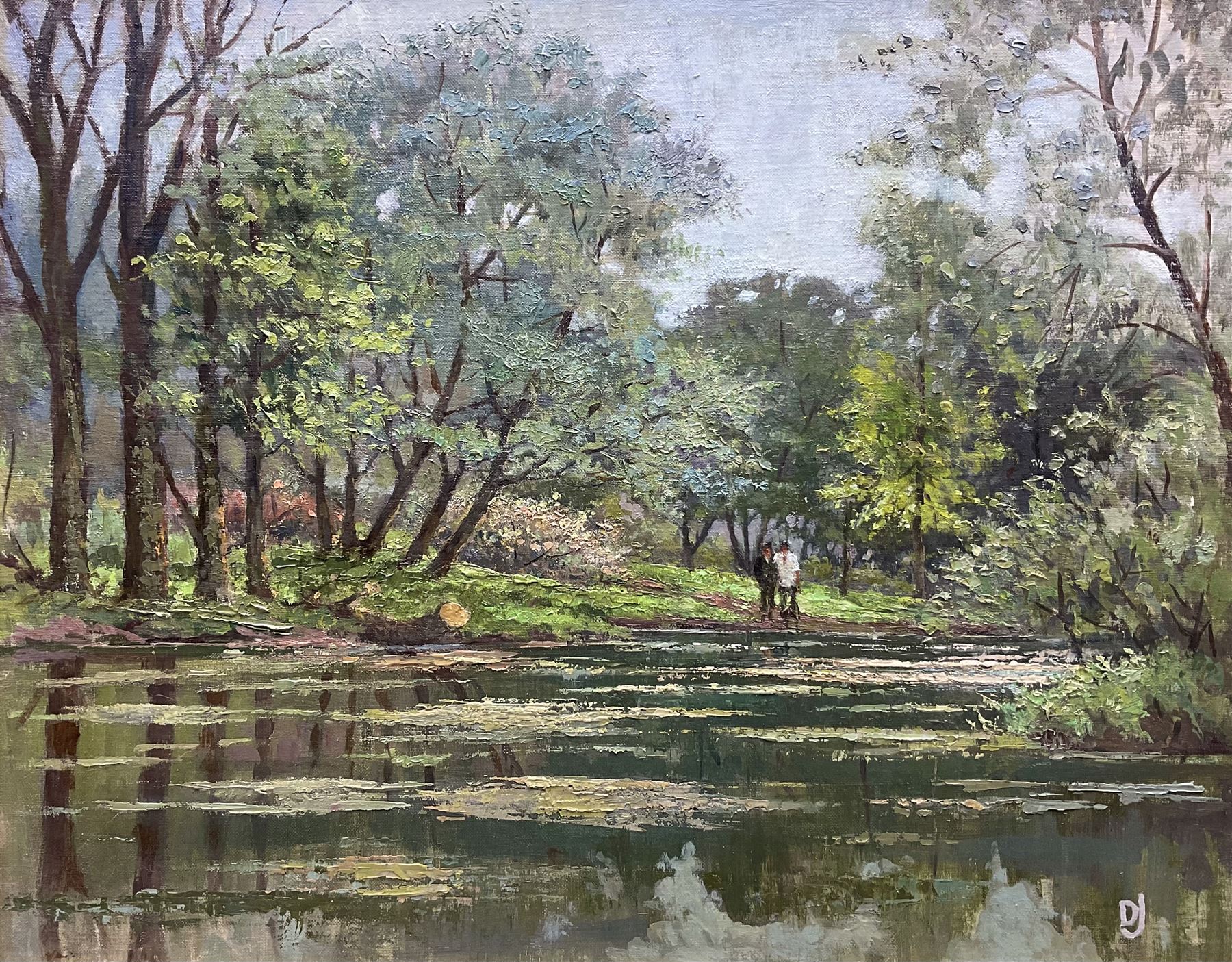 DJ (British 20th Century): ‘The Pools in May’, oil on board signed with initials, titled verso 40cm x 50cm