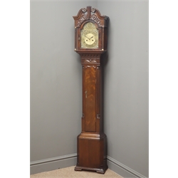  Small Georgian Chippendale style longcase clock, swan neck pediment relief carved with scrolls, arched glazed hood door with turned and fluted columns, brass 'Tempus Fugit' dial with Roman chapter ring, twin train movement striking the hours and half on coil, H157cm  