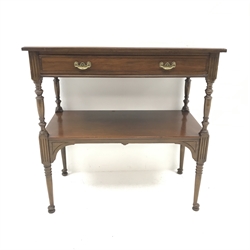Edwardian walnut side table, moulded top, single drawer, turned supports joined by solid undertier, W74cm, H75cm, D39cm