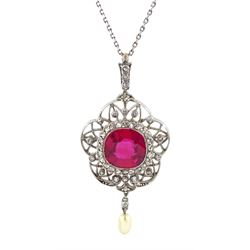 Early 20th century milgrain set synthetic ruby and old cut diamond pendant, with pearl drop, on platinum trace link necklace