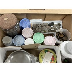 Stamps and coins, including Great British pre-decimal coins, world coins, three Australia stamp yearbooks, first day covers, loose stamps, empty folders, etc, in two boxes