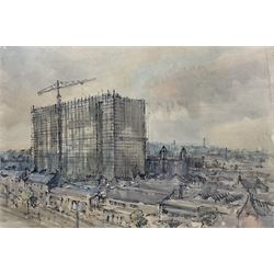 Norman Denman (Northern British 20th century): Hull Royal Infirmary under Construction, watercolour and felt pen signed, inscribed verso 33cm x 49cm