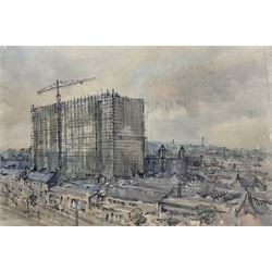 Norman Denman (Northern British 20th century): Hull Royal Infirmary under Construction, watercolour and felt pen signed, inscribed verso 33cm x 49cm