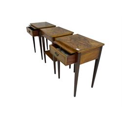 Pair walnut occasional tables, single drawer beneath pull out slide, (W46cm, H65cm, D36cm), and another similar table, (W46cm, H65cm, D36cm) (3) 