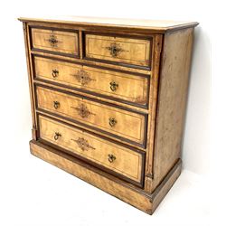 Late Victorian aesthetic movement inlaid chest, moulded top, two short and three long drawers, platform base