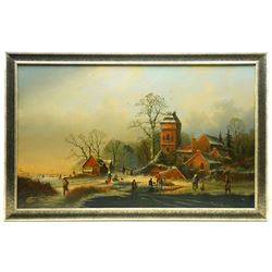 Dutch School (Early 20th century): Frozen Winter Landscape with Figures, oil on canvas unsigned 55cm x 91cm