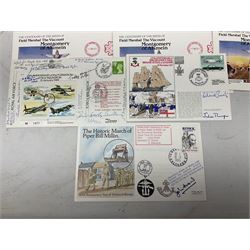 Thirty signed First Day Covers of military interest, predominantly aviation, some with multiple signatures and some sets, including 1976 Sighting of Bismark commemorative, 1987 Centenary of the Birth of Montgomery, 1989 75th Anniversary of No.6 Squadron etc 1976-2004