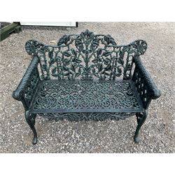 Victorian style cast iron garden bench, with ornate leaf back and lattice arms on scroll feet, H88cm, W100cm - THIS LOT IS TO BE COLLECTED BY APPOINTMENT FROM DUGGLEBY STORAGE, GREAT HILL, EASTFIELD, SCARBOROUGH, YO11 3TX