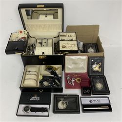 Costume jewellery, watches and boxed The Heritage Collection pocket watches, including 9ct gold ring, silver pendant etc