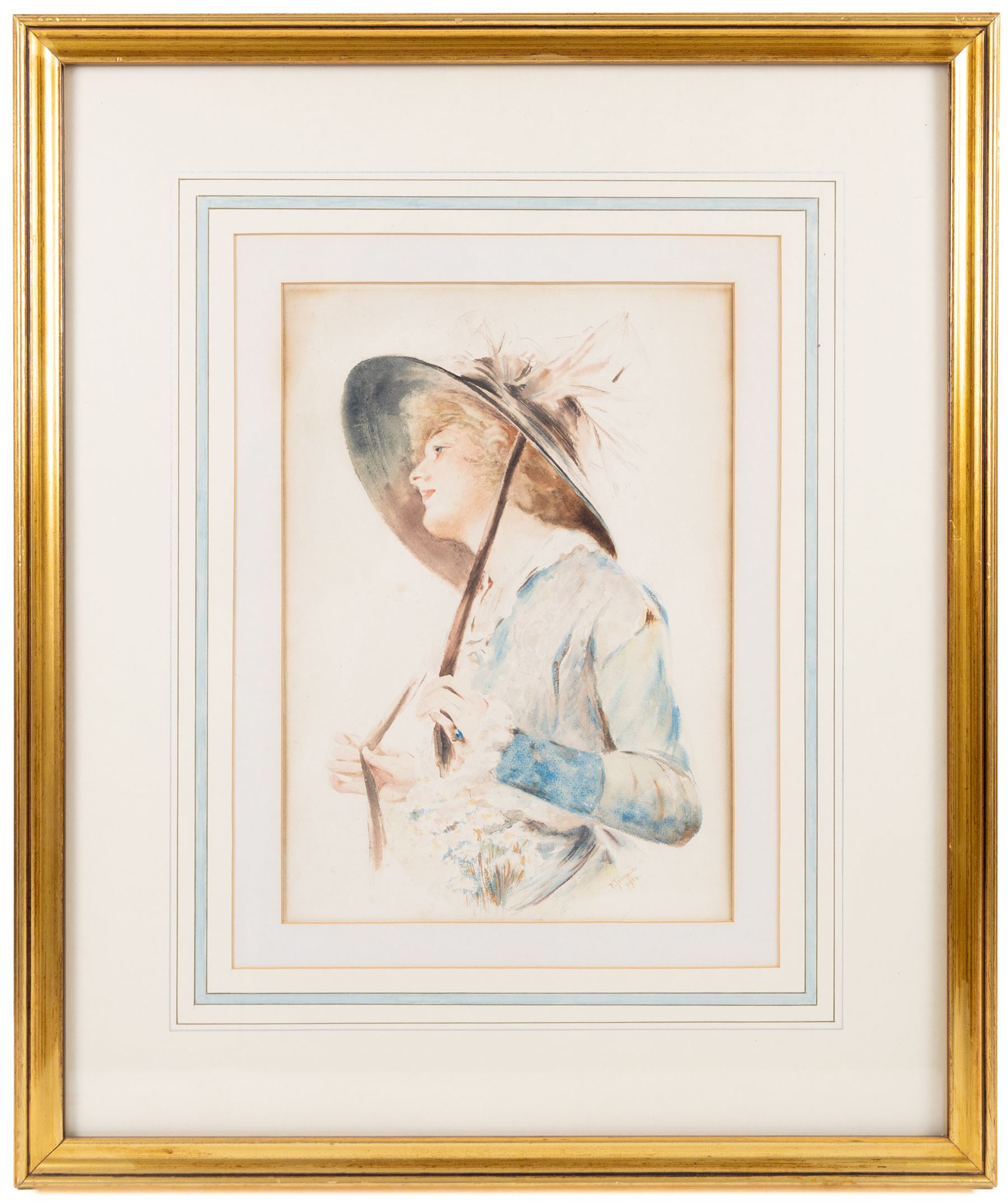F Johnson (British 19th/20th Century): Portrait of a Lady and her Hat, watercolour signed 33cm x 24cm 