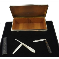  Victorian silver two blade fruit knife with mother of pearl handle by Lockwood Brothers, Sheffield 1880 in original leather case and silver blade fruit knife with tortoise shell handle by Thomas Marples 1897 and Edwardian silver cigarette box by Stokes & Ireland Ltd, London 1911 (3)  