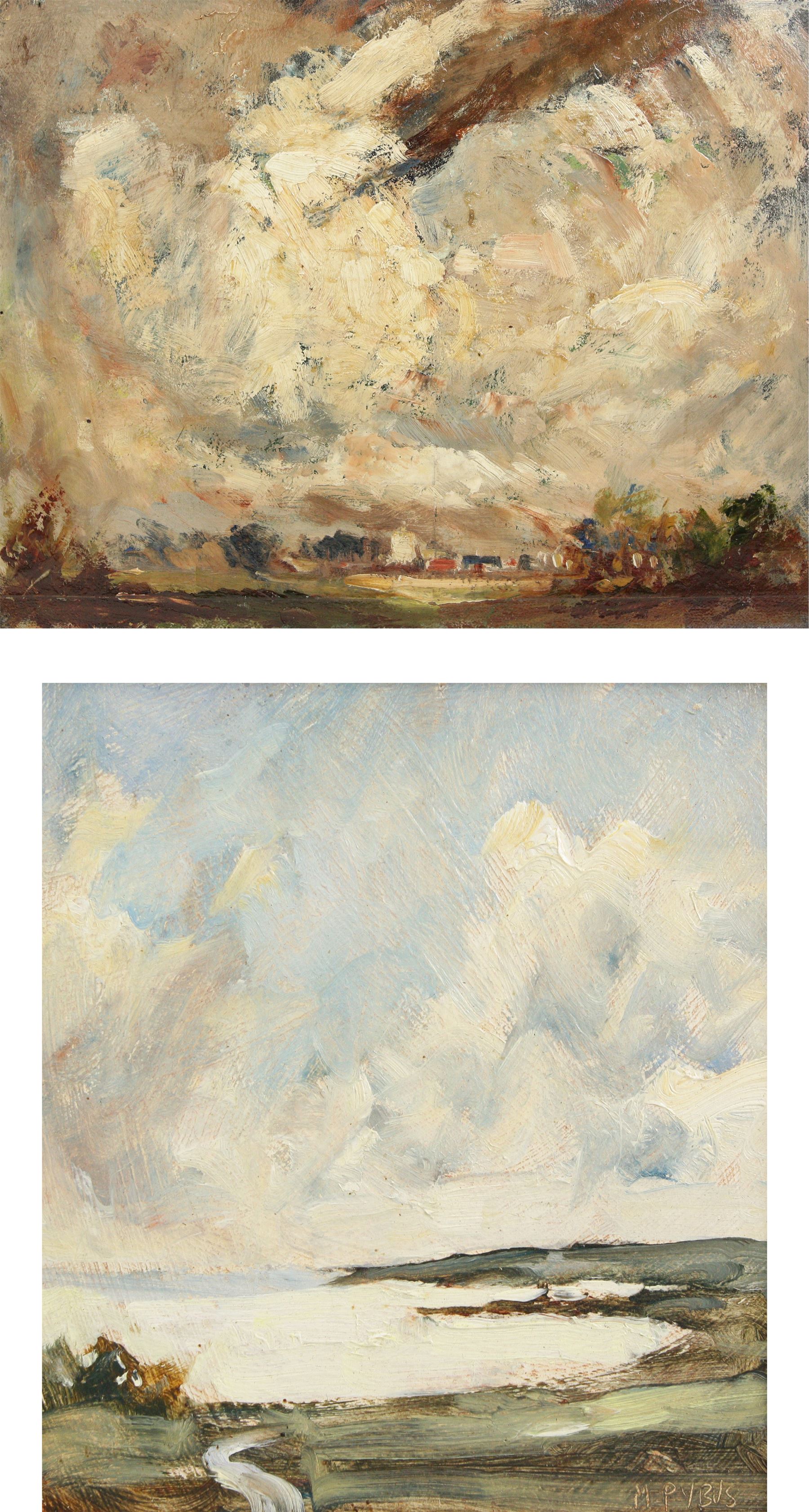 Christine M Pybus (British 1954-): The Cove, oil on board signed 16cm x 14cm; Meredith Watling (British Early 20th Century): 'Stormy Sky - Looking Towards Fen Ditton' Church, oil on board unsigned, extensively inscribed verso 23cm x 30cm (2) (one unframed)