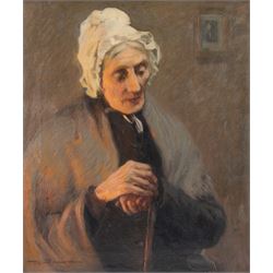 Mark Senior (Staithes Group 1864-1927): 'The Last Flicker' - Portrait of Peggy Calvert, oil on canvas signed 59cm x 49cm
Provenance: exh. Royal Academy 1901 No. 849, faintly inscribed verso. 
Notes: Peggy Calvert served as Senior’s housekeeper, and is known to have frequently sat for his portraits.