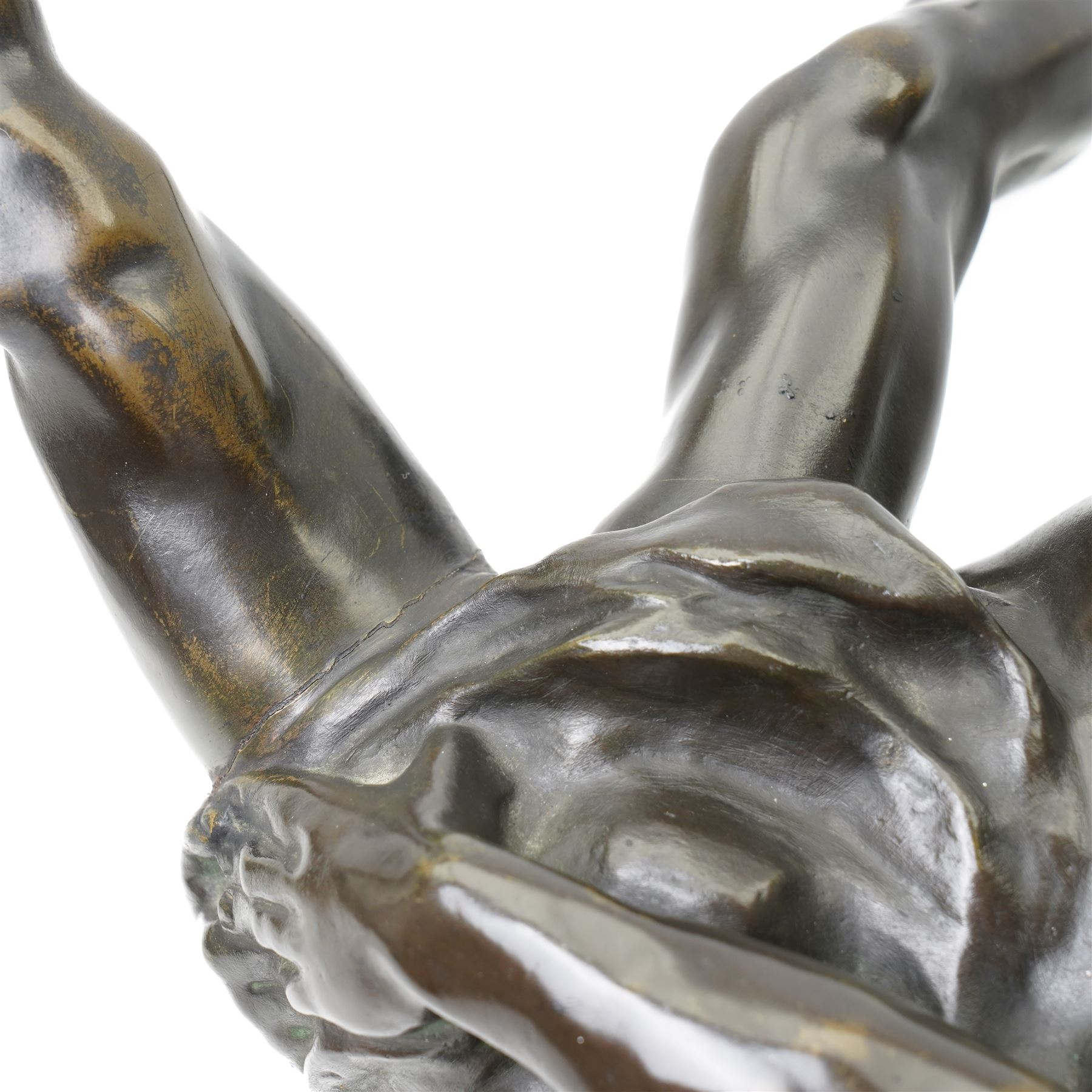 After Jef Lambeaux (Belgian 1852-1908): 'The Wrestlers' (Les Lutteurs), early 20th-century bronze group depicting two Hellenic classically nude male figures engaged in a violent athletic struggle or pankration event, on a naturalistic base signed, H63cm
Notes: the composition may plausibly be interpreted as Hercules and Antaeus, the mythological combat in which Hercules overcomes Antaeus by lifting him from the earth, thereby depriving him of his strength
