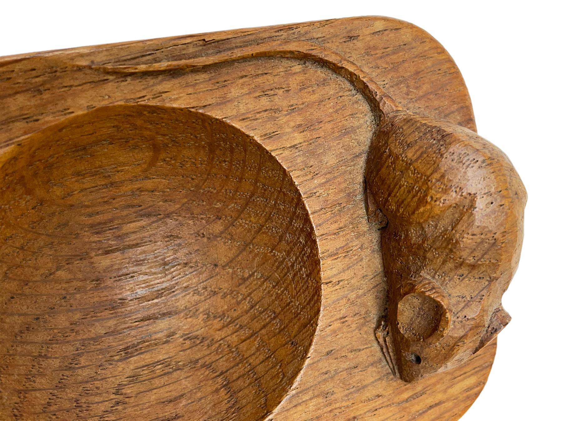 Mouseman - oak ashtray, canted rectangular form with carved mouse signature, by the workshop of Robert Thompson, Kilburn, L10cm 