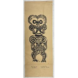 Edward Hardy 'Ted' Harrison (Canadian 1926-2015): 'Maori Figure from New Zealand', screenprint signed titled inscribed 'To Andrew from Uncle Ted' and dated July 1967, 21cm x 57cm (unframed) 
Provenance: gifted to the vendor as a child in the 1960s by the artist. Harrison was a close friend of the vendor's father when the pair lived in County Durham, known by the family as 'Uncle Ted'. 

Born in a small colliery community in Wingate, County Durham, in 1923, Harrison studied at the Hartlepool School of Art and after the war was awarded a National Diploma at Durham University. He spent time abroad studying various artistic cultures; the present pictures are from his time spent in New Zealand, prior to him leaving for Canada and the Yukon where he enjoyed great success and was most successful. The vendor recalls the day in his parents’ Hartlepool home when 'Uncle Ted' came to bid his farewells; he drew the vendor a self-portrait in his autograph book of him standing under a toadstool, joking that he was ‘a small man’ - which he was!