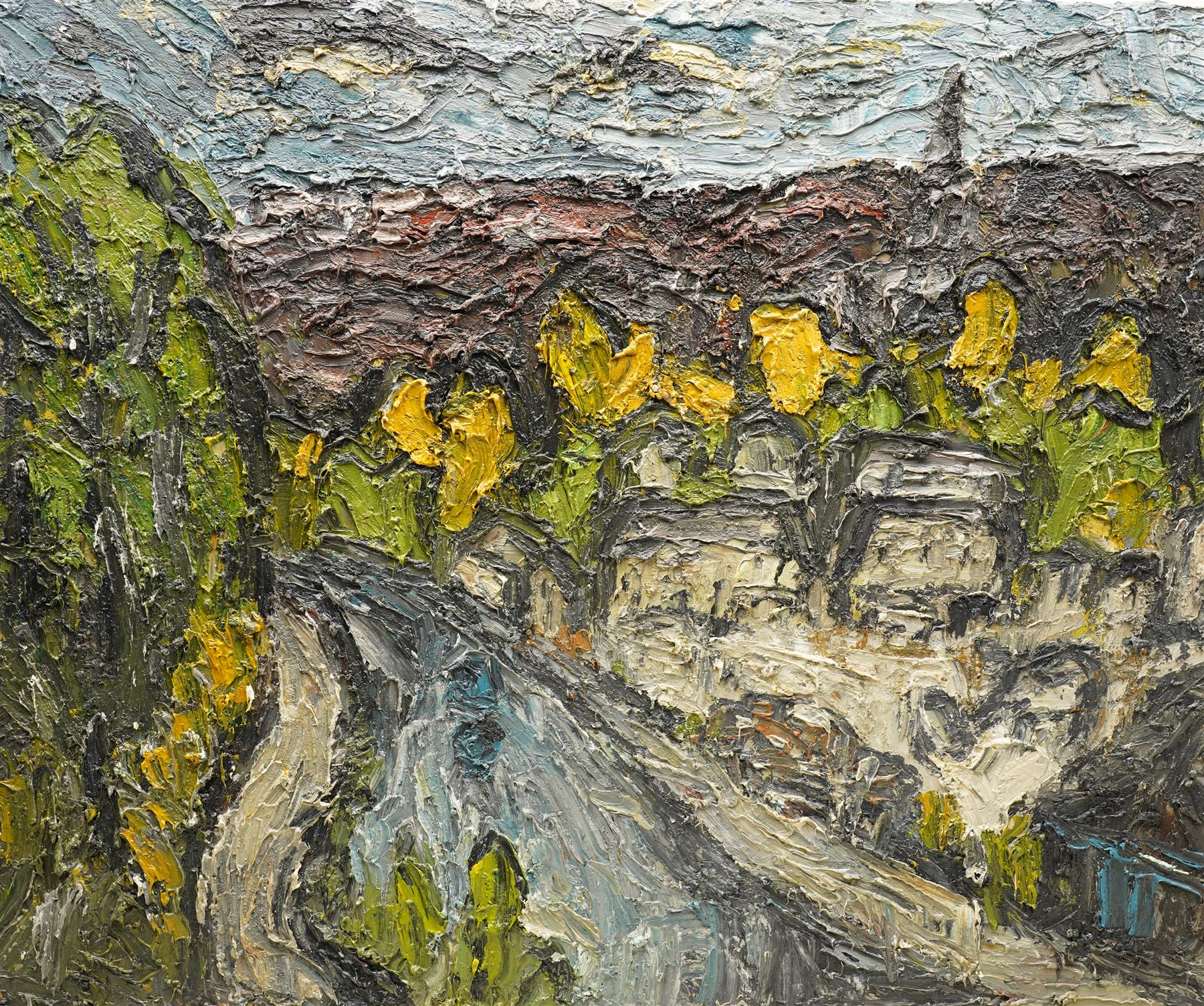 Barry De More (Yorkshire 1948-2023): 'Todmorden Canal with Blue Barge', oil and impasto on board signed, titled verso with Water Street Gallery label 61cm x 76cm
Notes: Acclaimed as one of the North's greatest expressionist artists, Barry De More (1948-2023) used a heavy impasto style to transfer his love of Yorkshire landscapes, townscapes and people to canvas. His work sits comfortably in the company of work by Kossoff and Auerbach, selling to collectors in the UK and overseas. De More's work can be found in the permanent collection of work by Northern Artists at Dean Clough, one of the UK's largest contemporary art galleries.