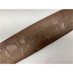 Australian Aboriginal shield, carved with Kangaroo and Emu, 74.5cm; Spear painted with aquatic creatures 78cm, and Spear thrower 81cm (3)