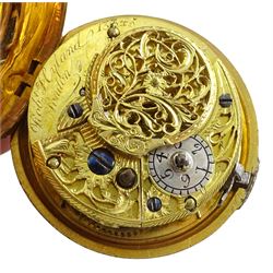 18th century gilt pair cased verge fusee pocket watch by Robert Hyland, London, No. 13345, round baluster pillars, pierced and engraved balance cock, white enamel dial with Roman hours and outer Arabic minute ring, beetle and poker hands, the outer tortoiseshell case with pique work borders