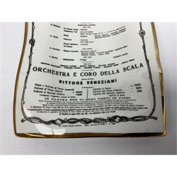 Fornasetti rectangular 'Toscanni's Concert' poster ashtray decorated with black and white text with a gilt border edge, with printed mark beneath, H22cm 