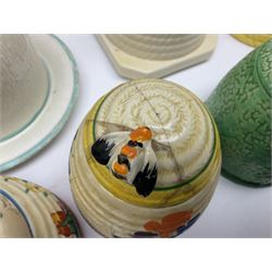 Clarice Cliff for Wilkinson Ltd Crocus Bizarre beehive honeypot painted in the Crocus pattern, together with two beehive Beswick honey pots, Poole square honey pot etc (14)