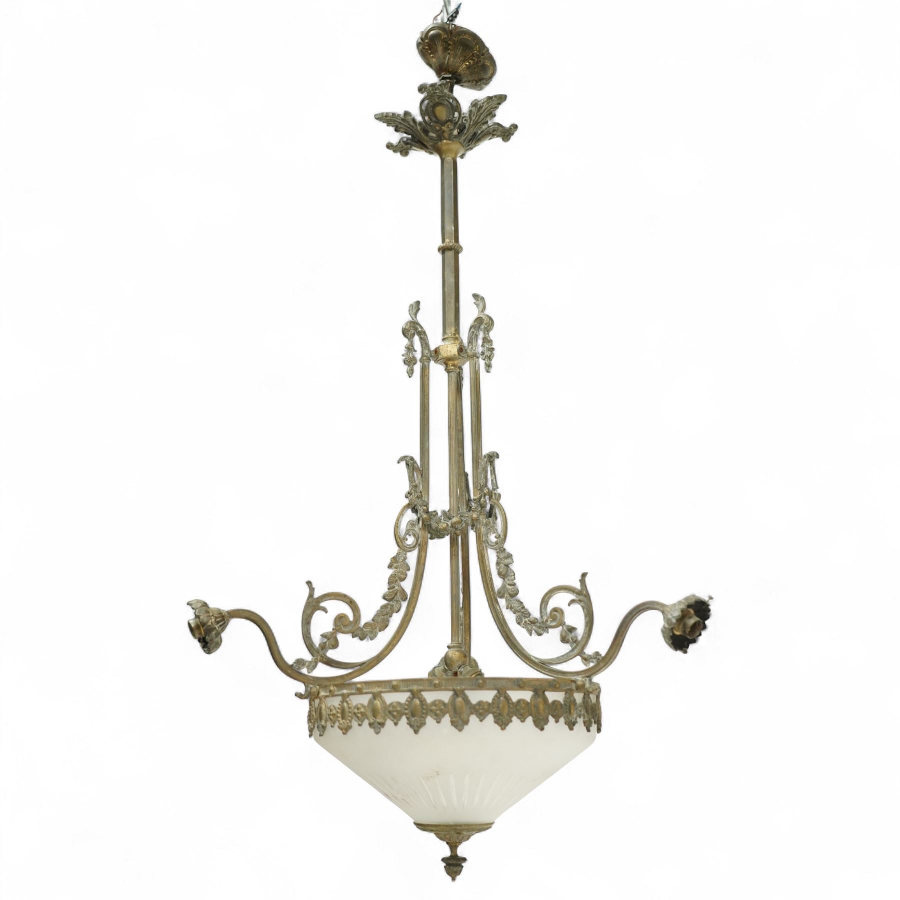 Early 20th-century French gilt bronze and glass three-light plafonnier, circular frosted glass bowl with moulded flutes, frosted glass bowls suspended from a hexagonal stem with scrolling acanthus branches and stiff leaf ceiling corona 