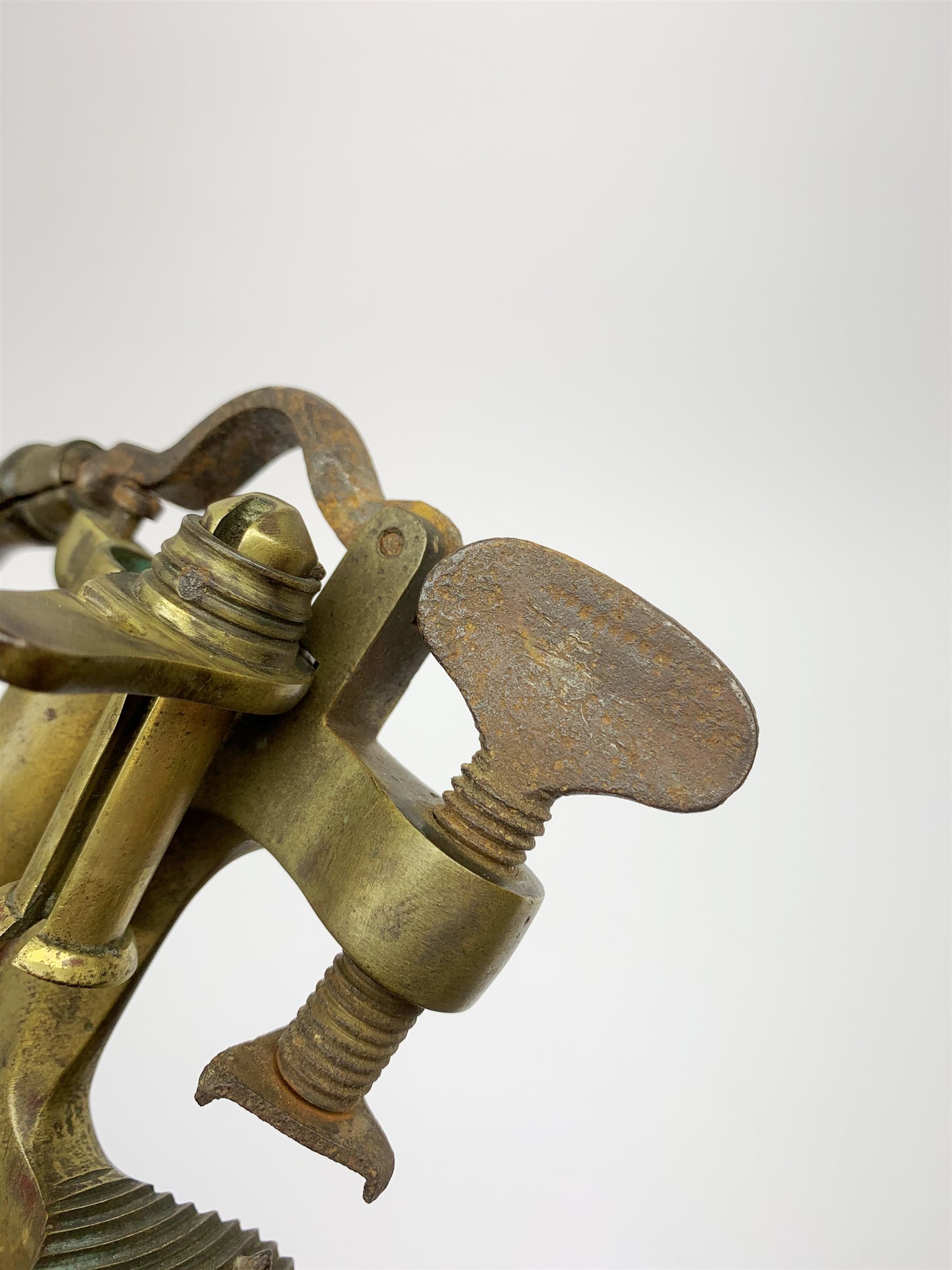 Two 19th century brass 12-bore cartridge making tools comprising bench mounting Bartram & Co Patent 'Nimrod' re-loader and J.C. Cocker Patent 5535 redecapper with turned wooden rammer (2)