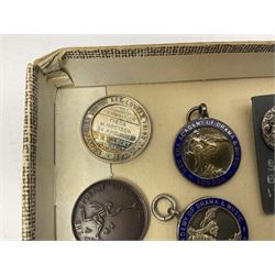 Pair of Georgian silver dress buttons, silver caddy spoon, silver fob medals, silver watches, set of six silver plated teaspoons, set of gilt buttons with ship design, etc
