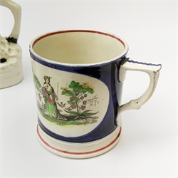 An early Victorian earthenware frog or surprise mug, decorated with printed and overpainted figural panels, H11cm, together with a 19th century child's plate detailed with a figural scene and inscribed Father Matthew administering the total abstinence pledge, 17.5cm, and a Staffordshire flat back figure seated upon a horse, H33cm. 